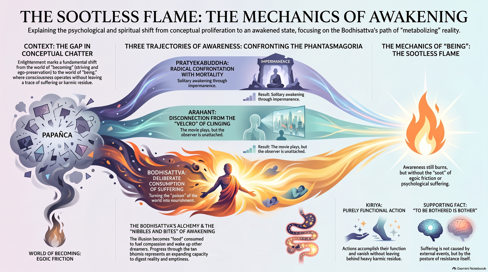 Infographic tracing conceptual proliferation into three interpretive trajectories: impermanence, non-attachment and the bodhisattva's metabolic transformation, culminating in the metaphor of a sootless flame