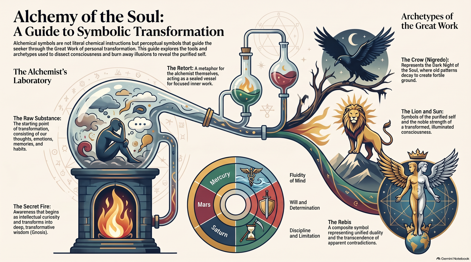Illustrated guide showing a retort, raw substance, fire, crow, lion, planetary qualities and the Rebis as symbols in the course's model of transformation