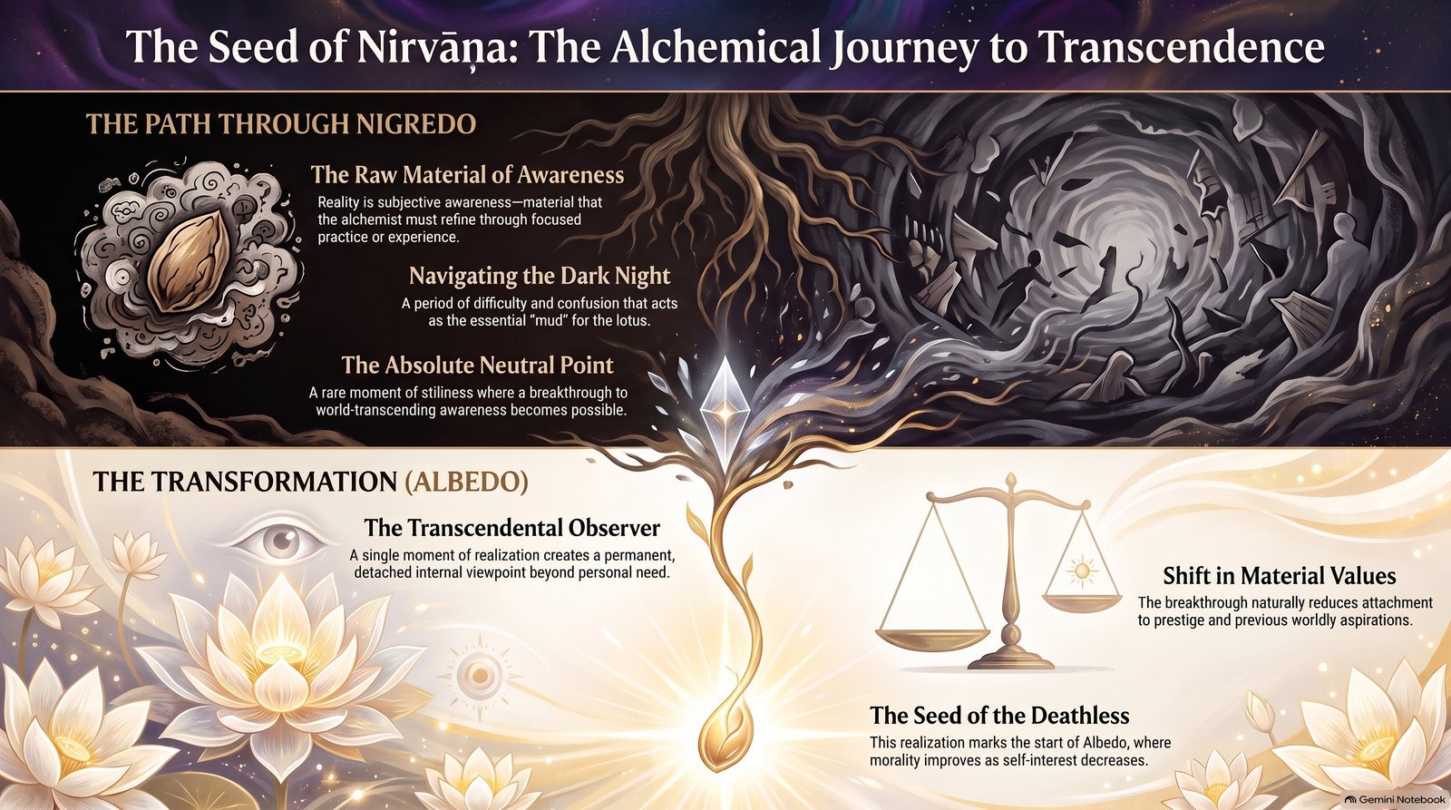 Illustrated journey from the dark Nigredo phase through a central seed into the bright Albedo phase, with lotus flowers, an eye and balanced scales
