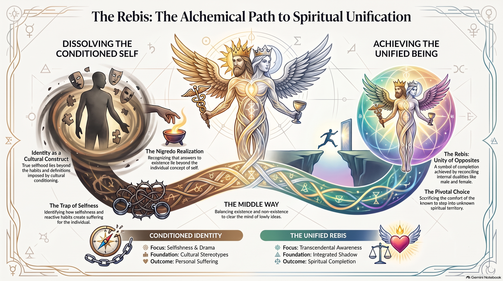 Illustrated map moving from conditioned identity and rejected qualities through the Rebis and middle way towards a symbolic unity of opposites