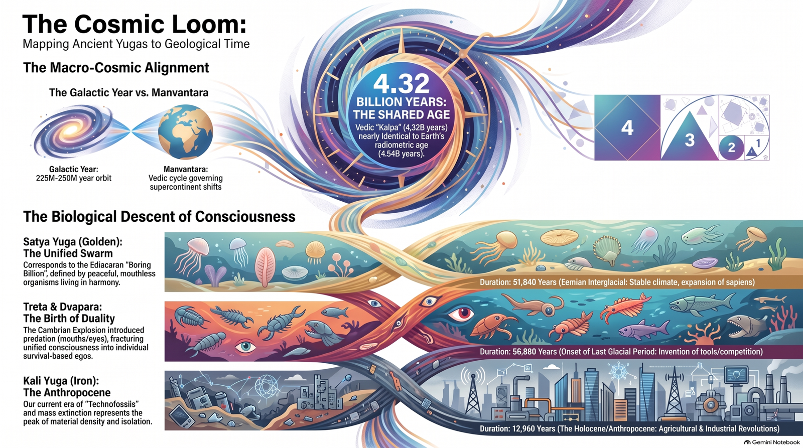 Illustrated cosmic loom placing Hindu yuga imagery beside galactic, geological, biological and technological timescales