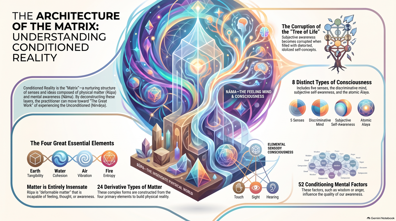 Illustrated course map of conditioned reality showing matter, consciousness, mental factors, four elements and an eight-consciousness model