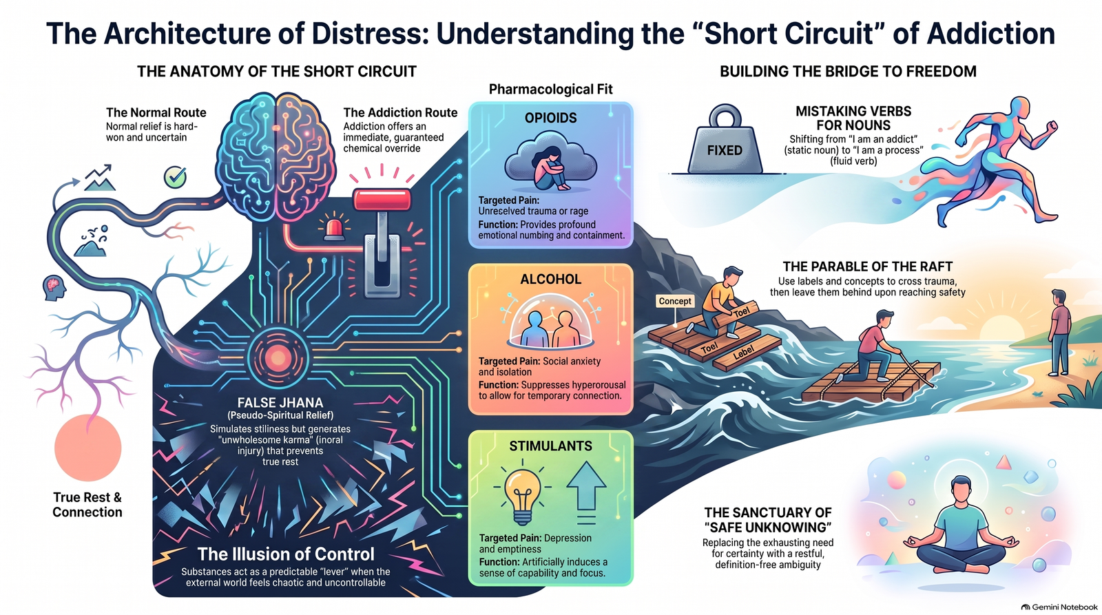 Illustrated conceptual map showing addiction as a short route from distress to predictable relief, followed by pathways toward more flexible identity and safe uncertainty