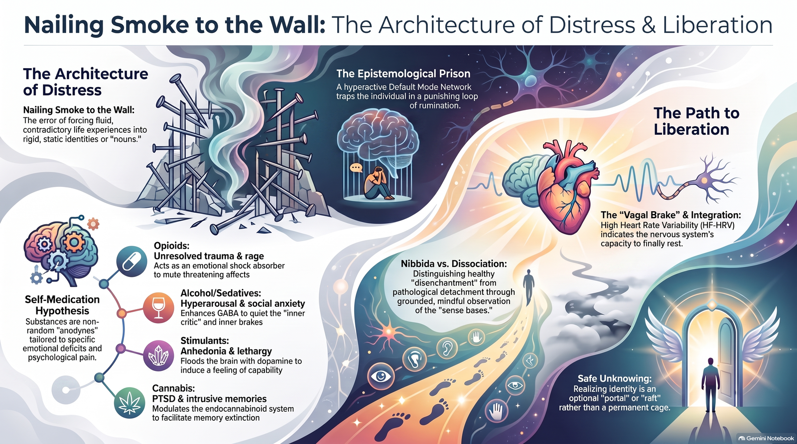 Conceptual infographic mapping distress, self-medication, compulsive wanting, fixed identity, autonomic regulation and a contemplative path towards less rigid self-identification