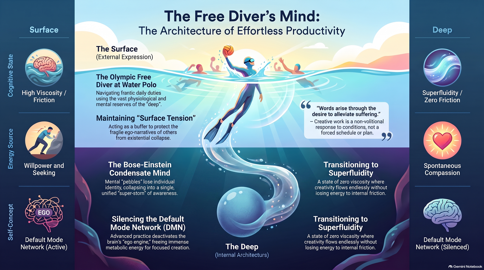 Illustrated map of a free diver playing water polo, contrasting surface-level cognitive friction and self-monitoring with deep superfluidity, quietened self-reference and spontaneous compassion