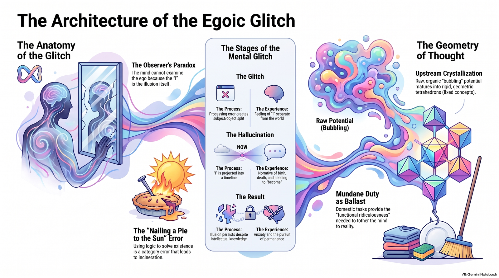 Infographic showing a person facing a mirror, stages of a mental glitch, bubbling potential becoming geometric tetrahedrons, and domestic tasks as ballast