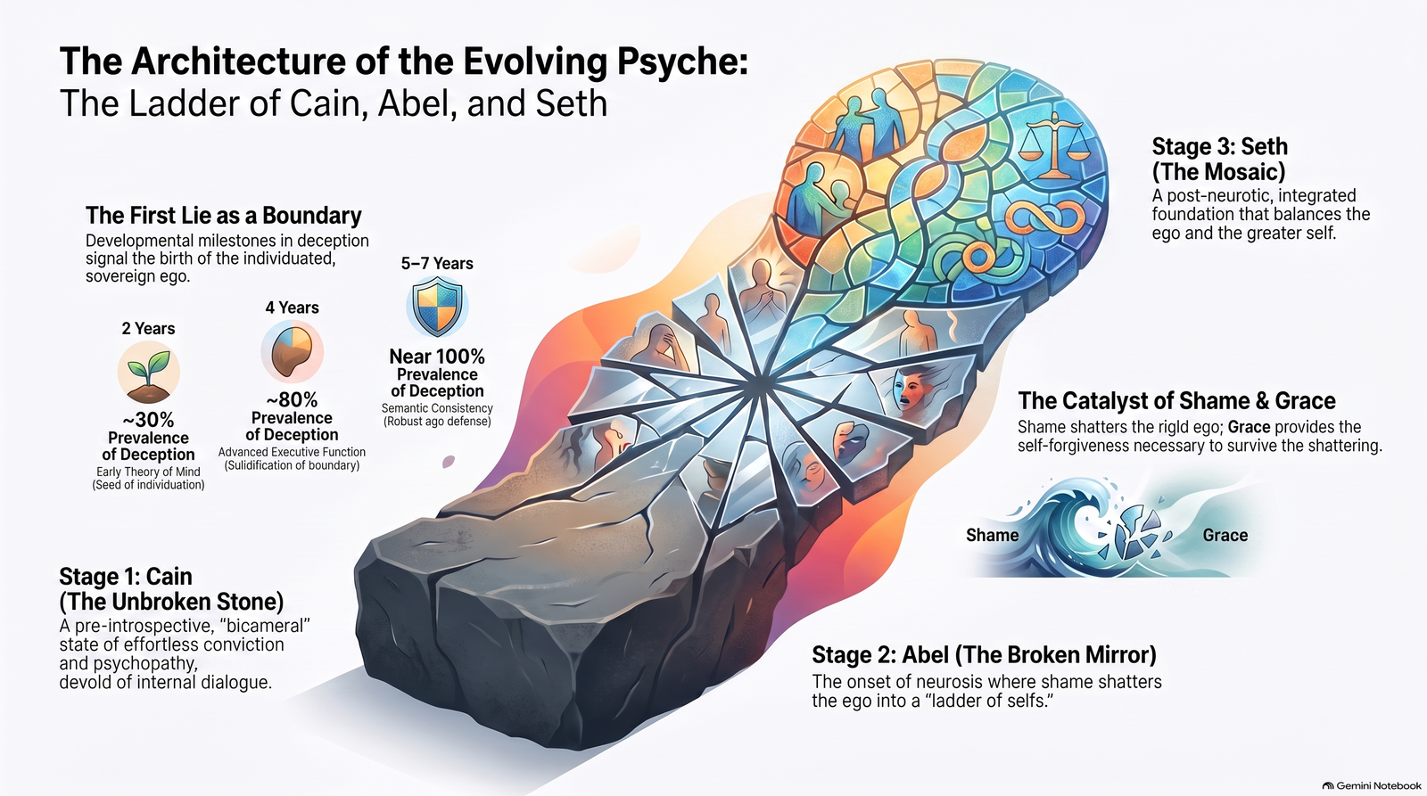 Diagram presenting Cain as an unbroken stone, Abel as a broken mirror and Seth as an integrated mosaic, with shame and grace between the stages