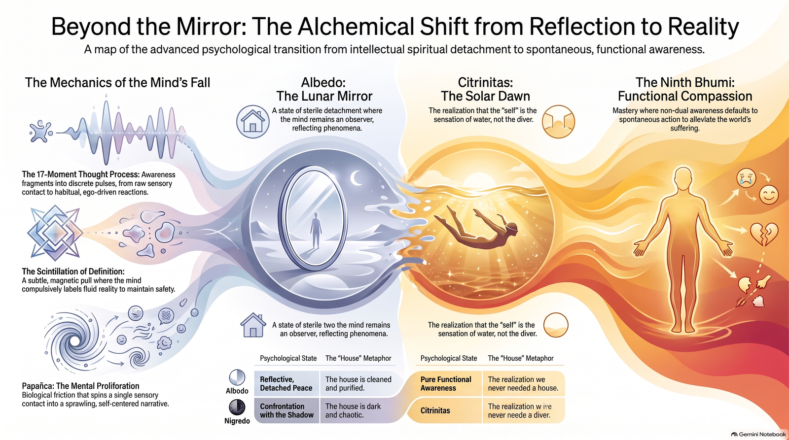 Infographic moving from the fragmented Abhidhamma model of cognition through a lunar mirror and solar non-dual awareness towards spontaneous compassionate activity