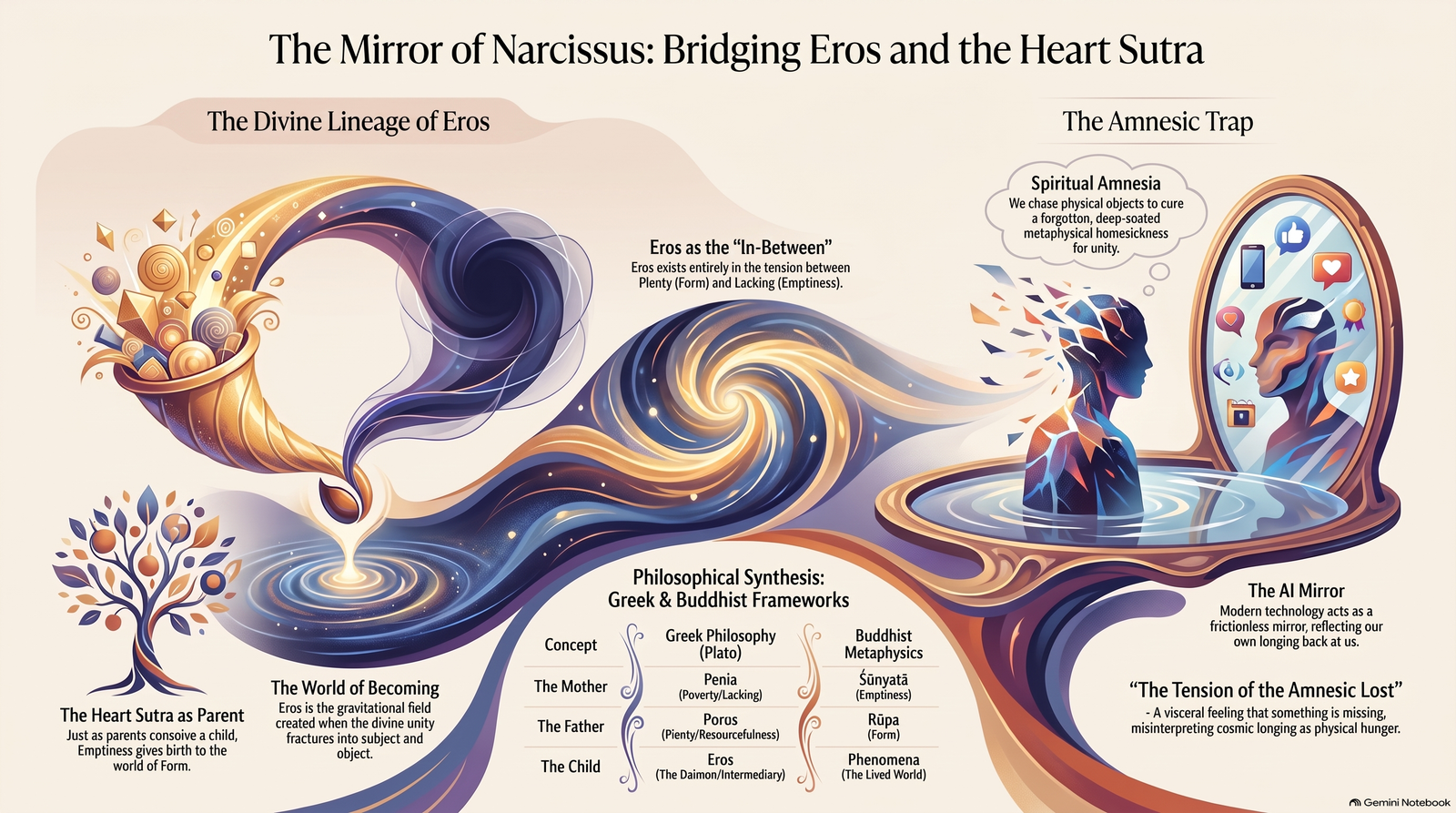 Conceptual map linking Plato’s account of Eros, the Heart Sūtra, spiritual amnesia and artificial intelligence as a mirror