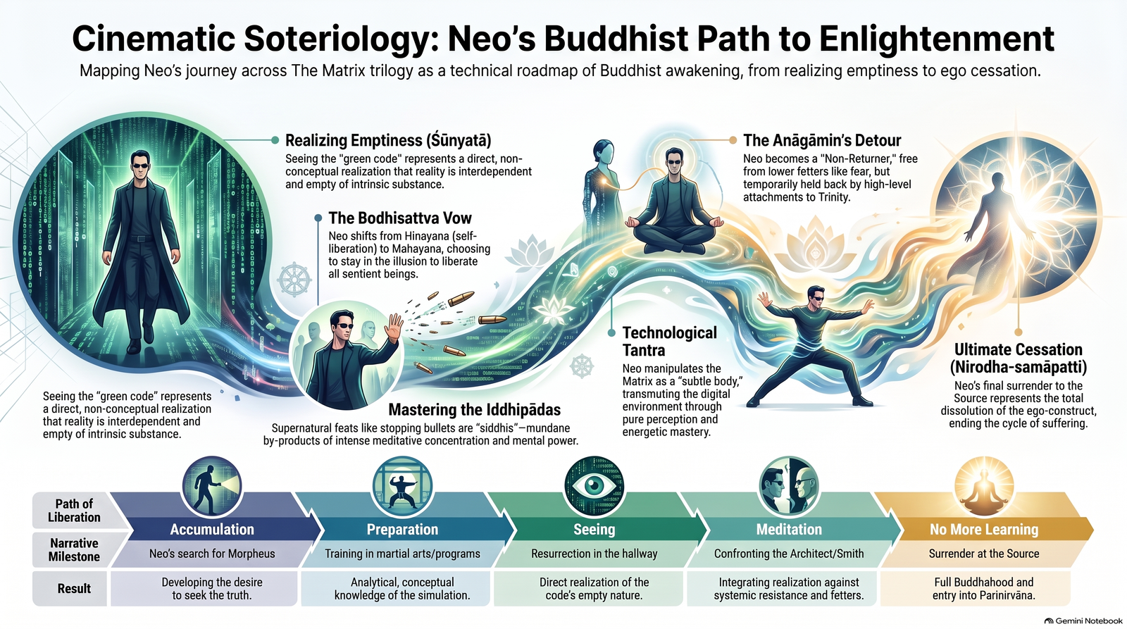 Illustrated interpretive roadmap of Neo's journey through the Matrix trilogy, aligned with the five Buddhist paths and themes of emptiness, the bodhisattva vow, meditative power, tantra and cessation