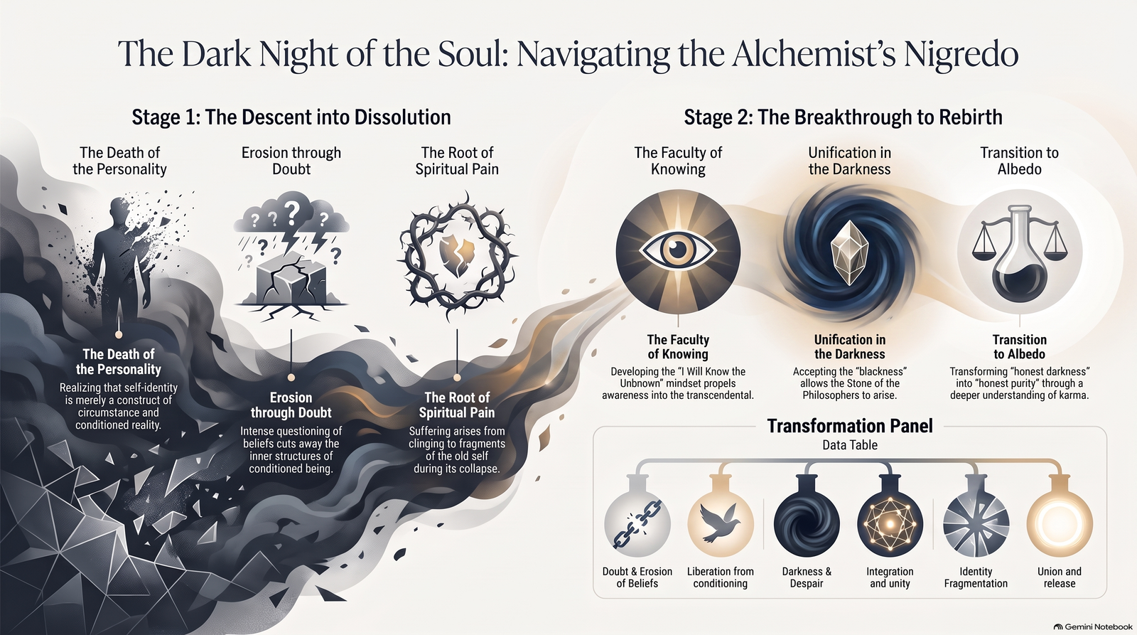Illustrated two-stage map of the Dark Night of the Soul, moving from dissolution and doubt through knowing and unification towards Albedo