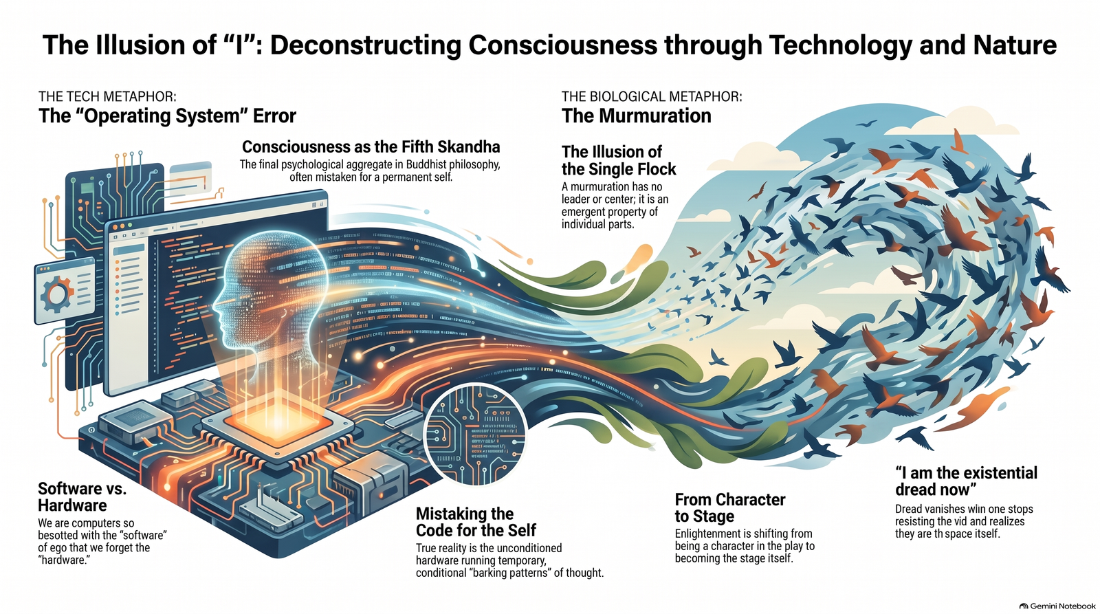 Infographic contrasting the self as computer software with a murmuration of birds, illustrating consciousness as a changing emergent pattern