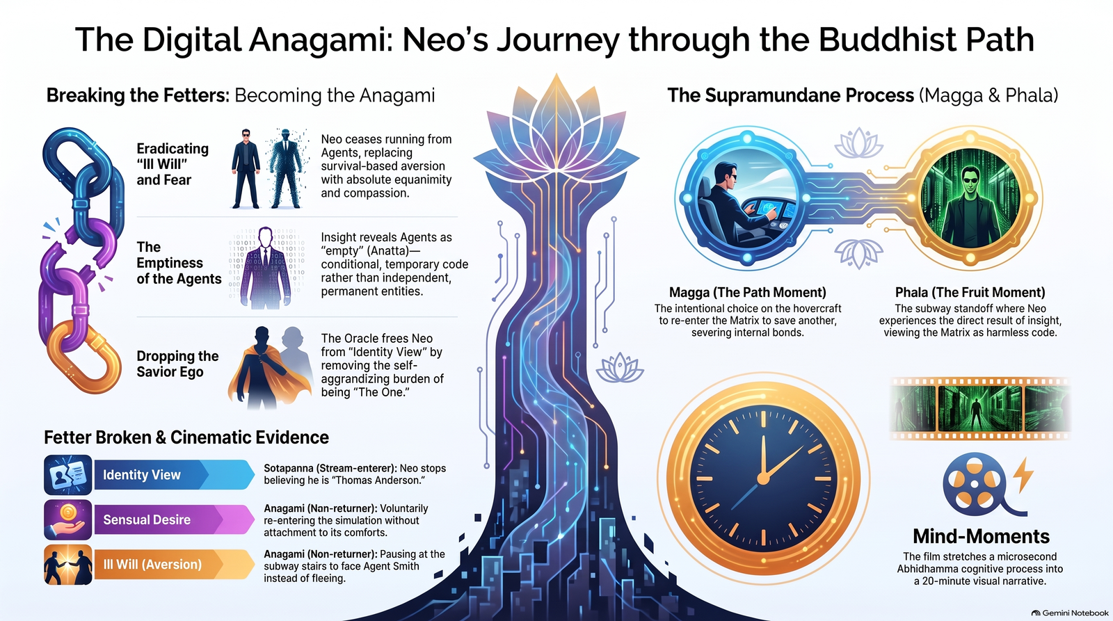 Illustrated interpretive map of Neo's journey through the Buddhist fetters, path and fruit mind moments, the emptiness of the Agents and the cinematic dilation of awakening