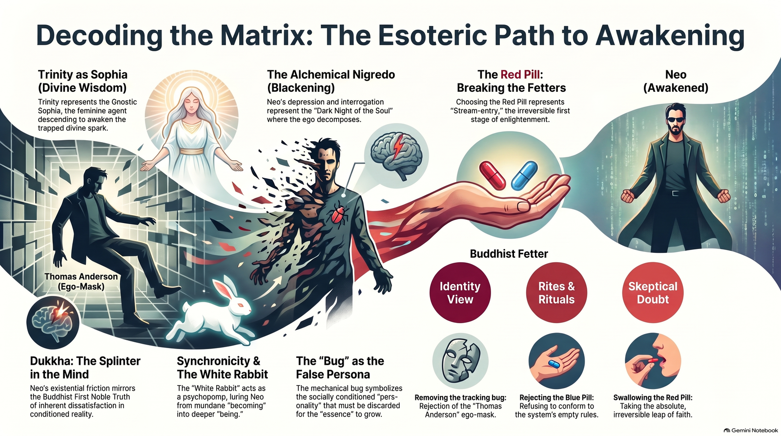 Illustrated symbolic map linking early scenes in The Matrix with Gnostic, alchemical and Buddhist interpretations