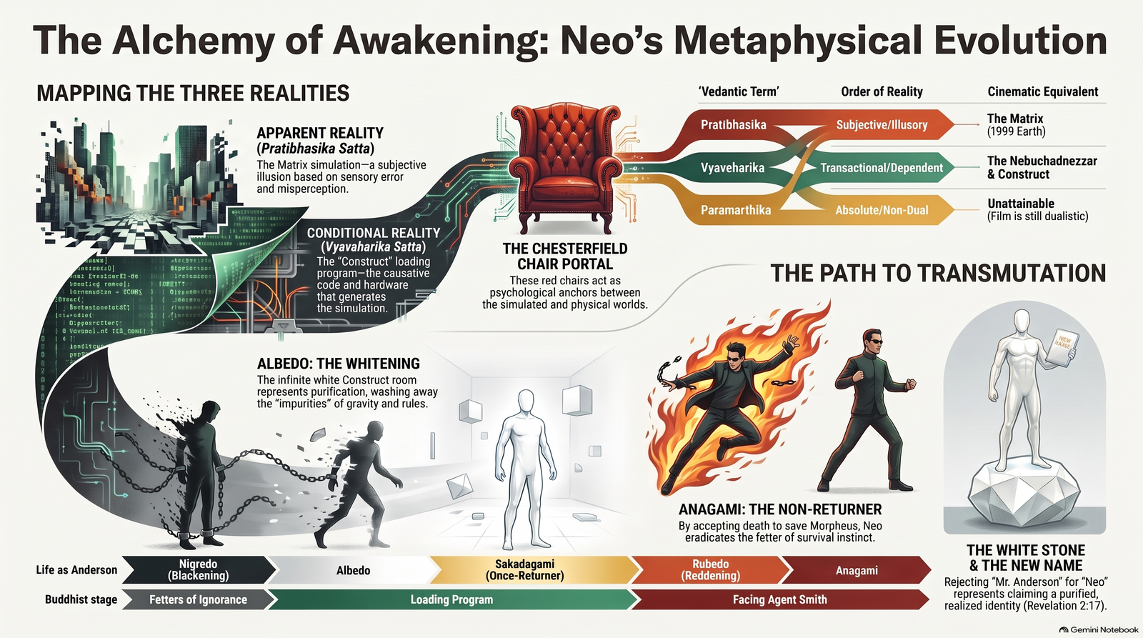 Illustrated interpretive map connecting three Vedantic orders of reality with the Matrix, the Construct, alchemical colour stages and Neo's changing relationship to fear and identity