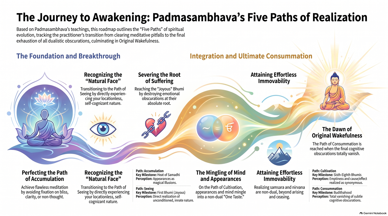 Illustrated overview of the five-path journey from meditative preparation through seeing and cultivation to original wakefulness