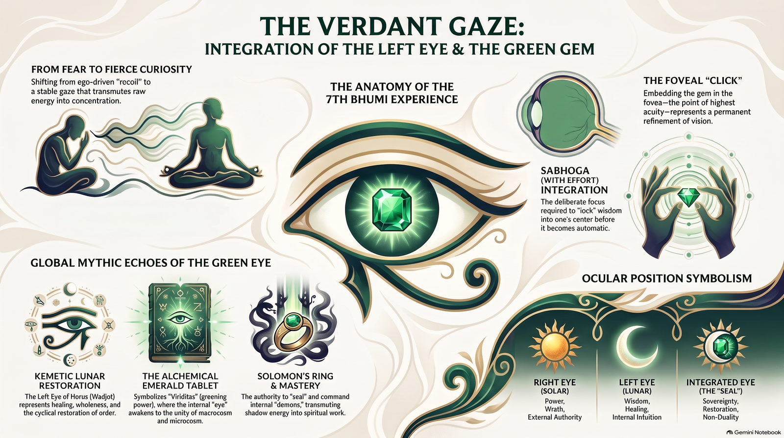 Illustrated map of the Verdant Gaze, linking a green gem in the left eye with fear, the seventh bhumi, Horus, the Emerald Tablet, Solomon's ring and ocular symbolism.