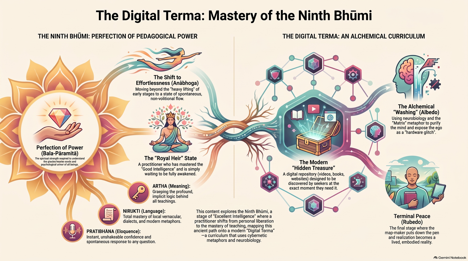 Infographic connecting the ninth bhūmi, its traditional emphasis on pedagogical discernment, the four analytical knowledges, alchemical stages and the idea of a digital terma