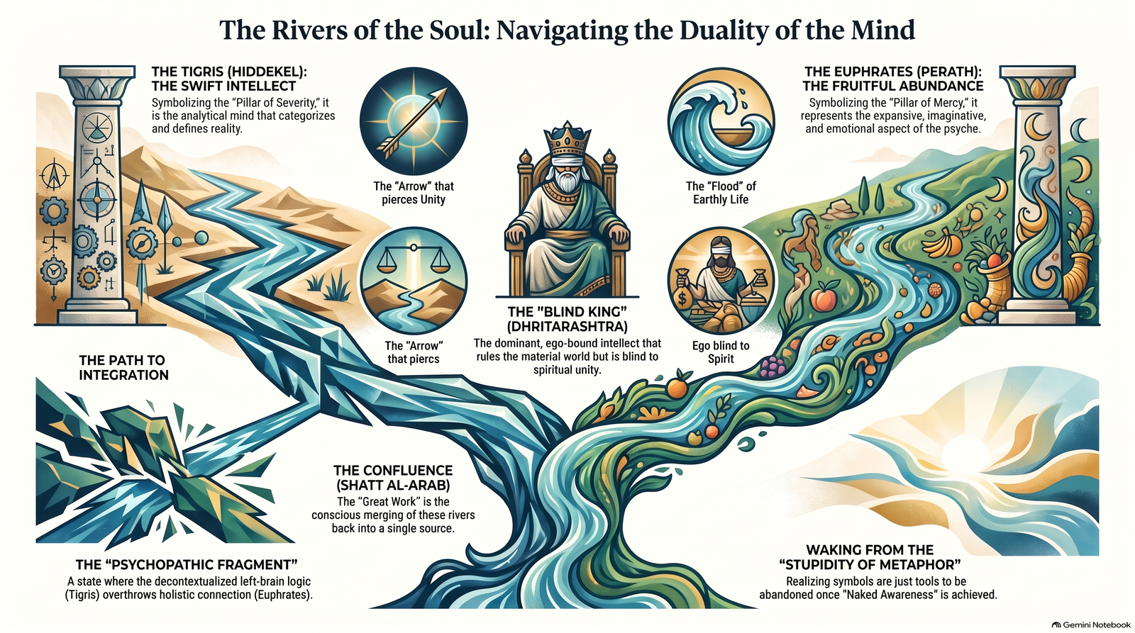 Illustrated symbolic map of the Tigris and Euphrates as contrasting currents of mind, meeting at a confluence before an open horizon