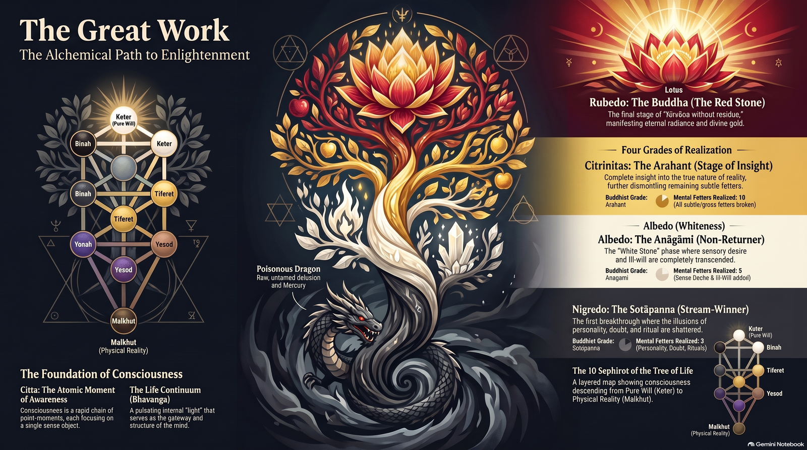 Illustrated overview of the Great Work, showing Trees of Consciousness, alchemical imagery and comparative stages of Buddhist awakening.