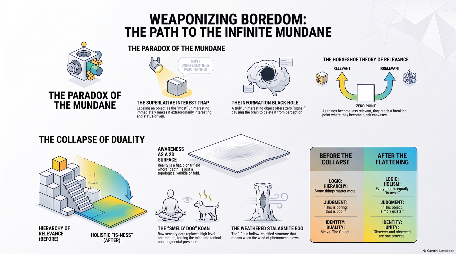 Infographic mapping the paradox of the most uninteresting object, the collapse of relevance, awareness as a continuous surface, the smelly dog koan and the weathered stalagmite image of self