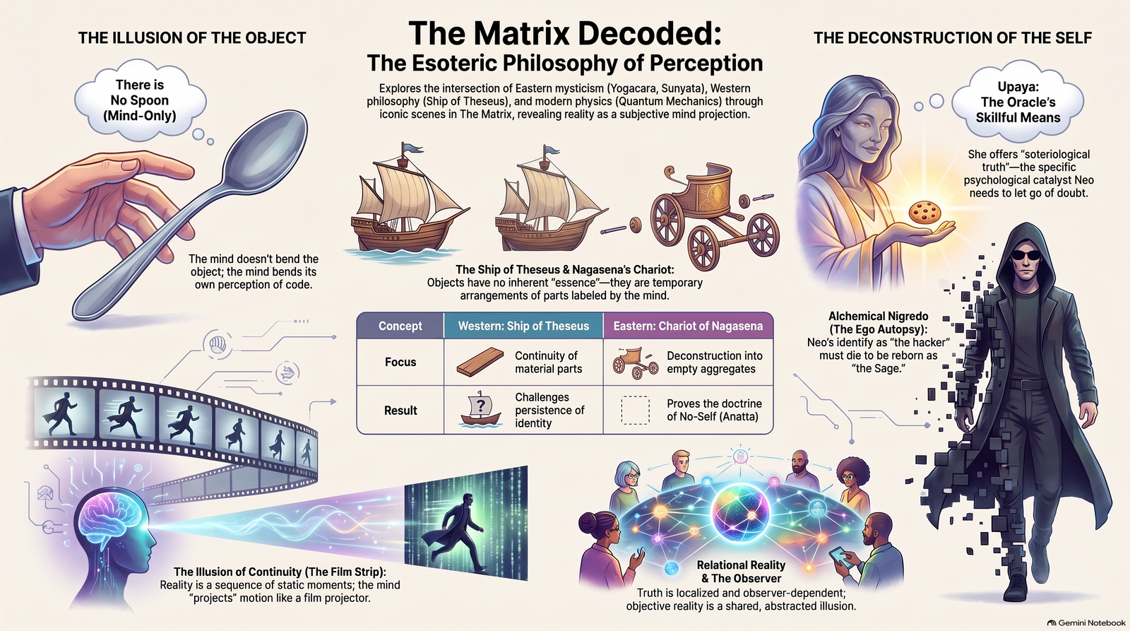 Illustrated philosophy-of-perception map linking the Matrix spoon scene with mind-only, the Ship of Theseus, Nagasena's chariot, apparent motion, skillful means and relational reality