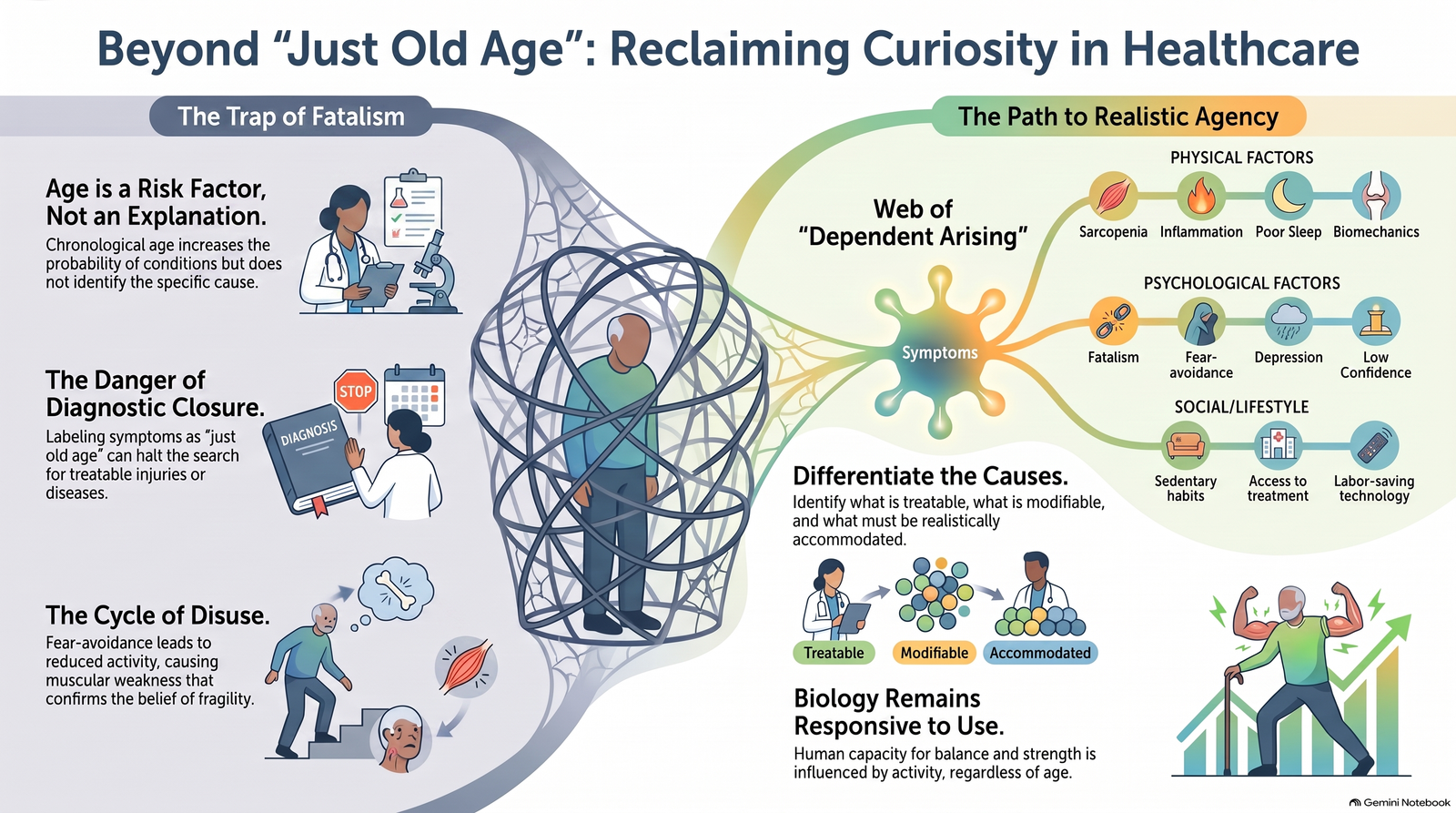 Infographic contrasting fatalistic explanations of age-related symptoms with a web of physical, psychological and social causes and a path towards realistic agency