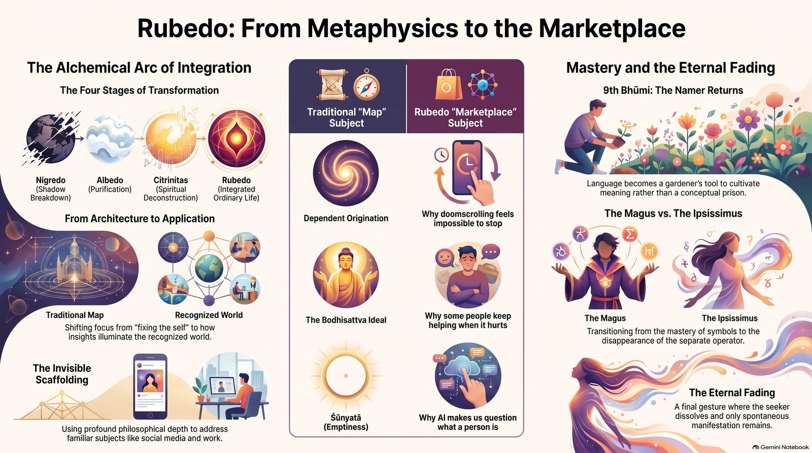 Infographic mapping the four alchemical stages, the move from metaphysical maps to contemporary subjects, the ninth bhumi, the Magus, the Ipsissimus and the eternal fading