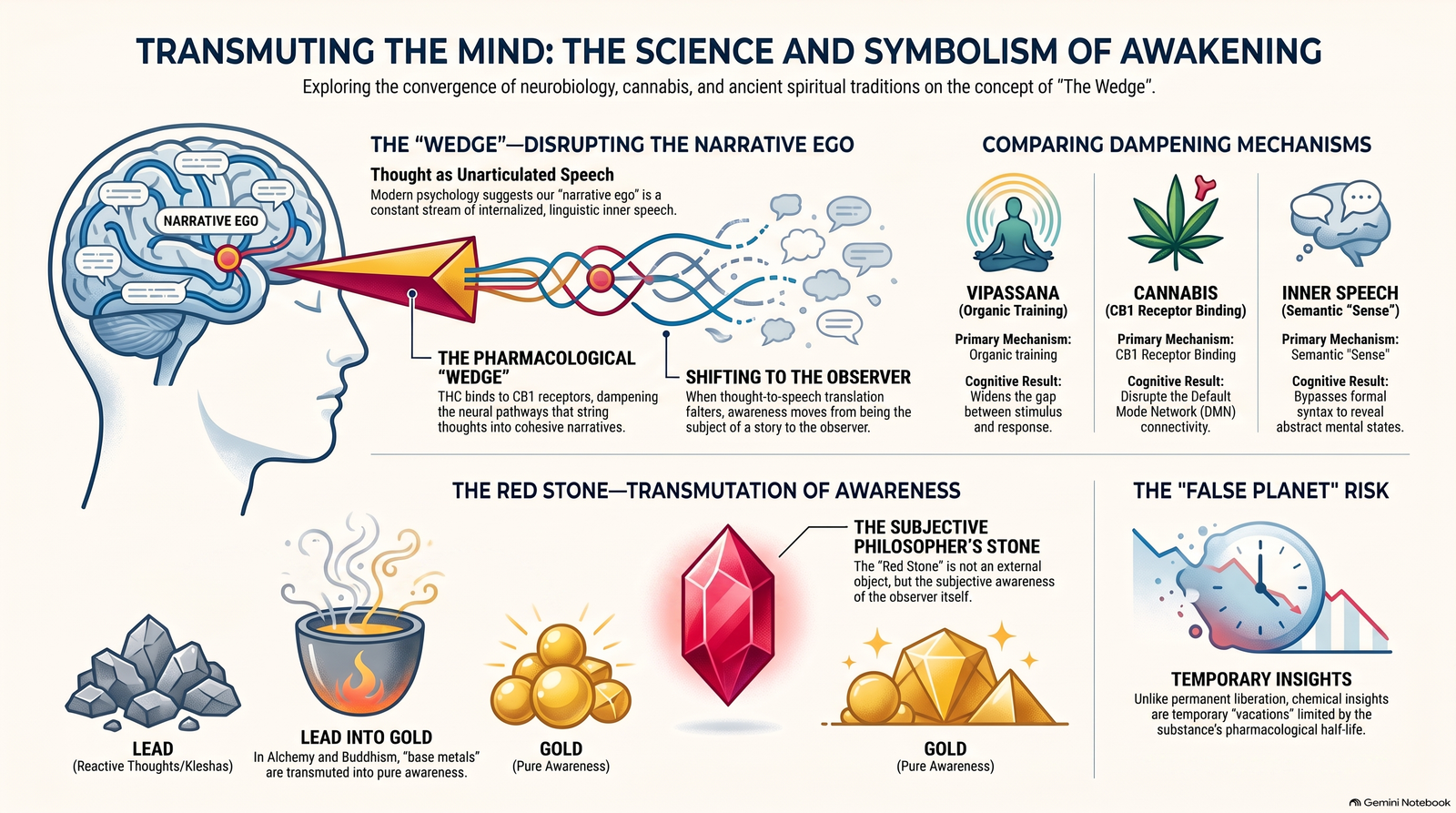 Conceptual infographic relating inner speech, THC, vipassana, alchemical transmutation and the temporary nature of chemically induced insight