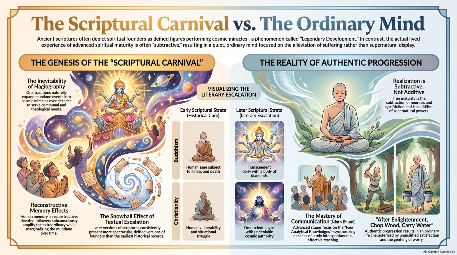 Illustrated comparison between spectacular scriptural portrayals of spiritual founders and the quieter ordinary activities associated with mature practice