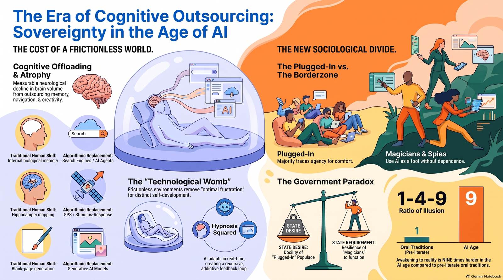 Illustrated map of cognitive offloading, the technological womb, the plugged-in majority, borderzone figures, government dependence and the episode's symbolic 1-4-9 progression
