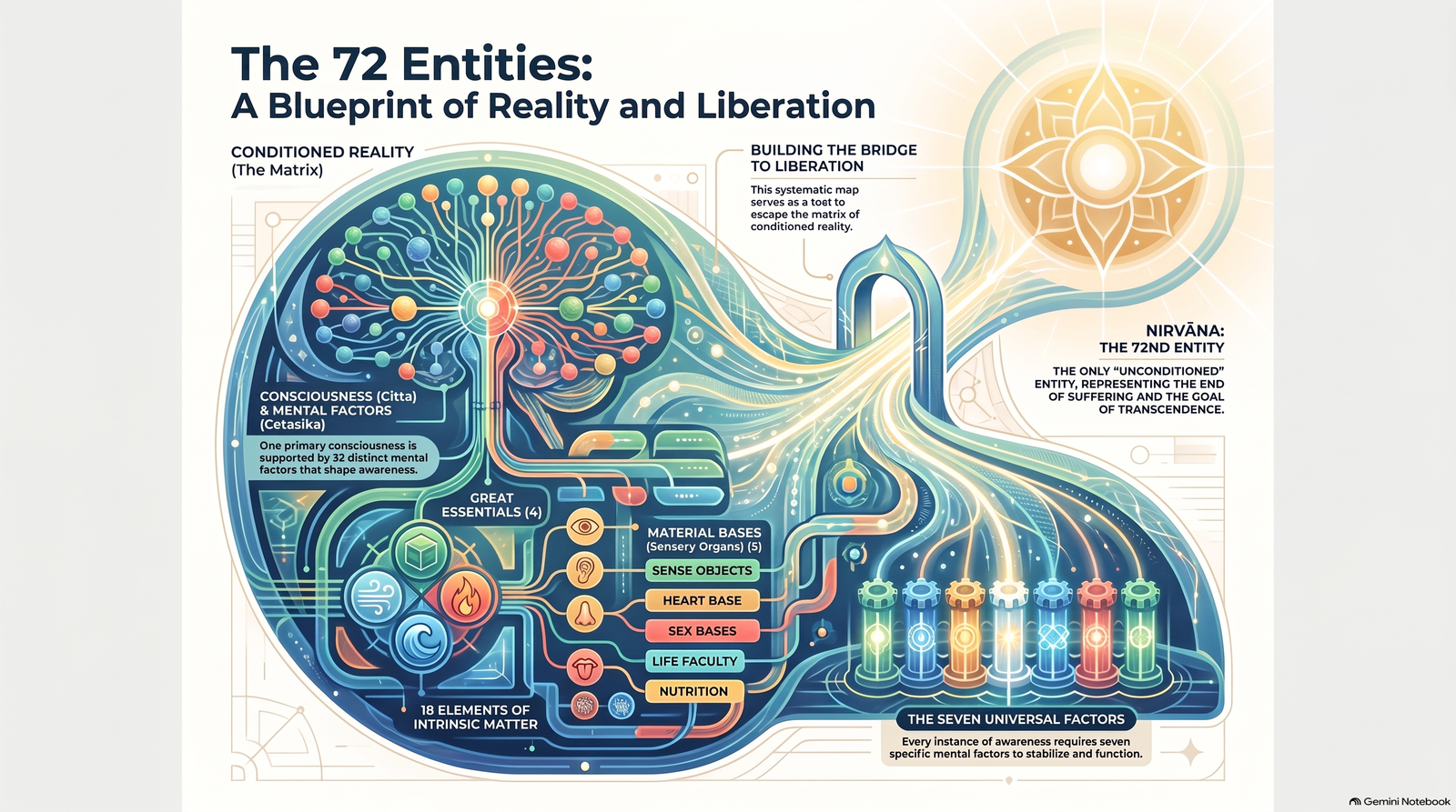 Illustrated blueprint showing the course model of consciousness, mental factors, eighteen material phenomena and Nibbāna as the seventy-second entity