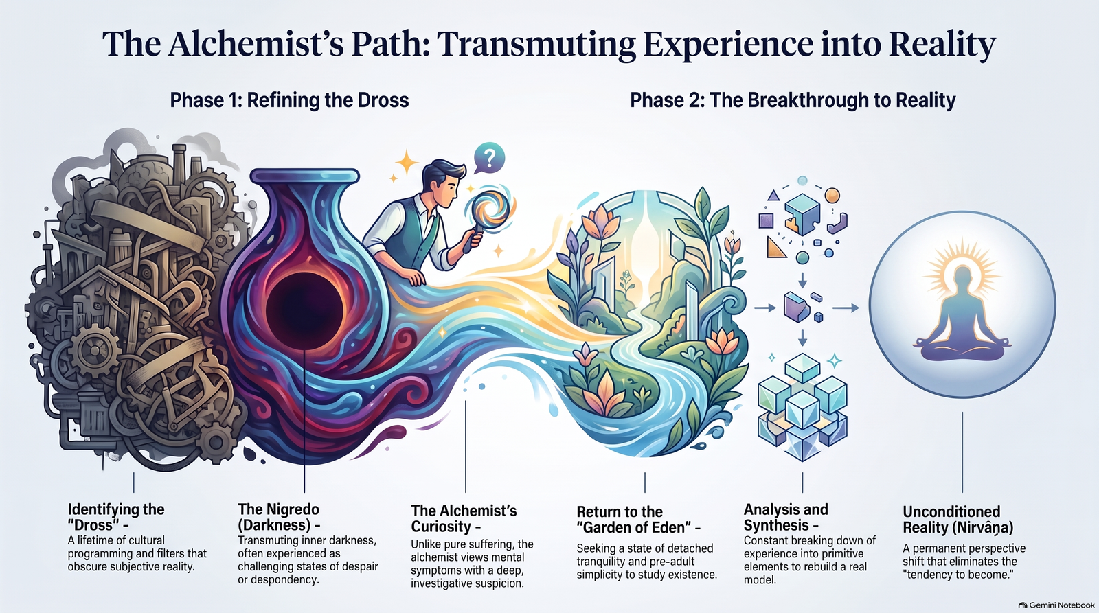 Illustrated course map moving from conditioned dross through analysis, synthesis and the Garden of Eden metaphor towards unconditioned reality