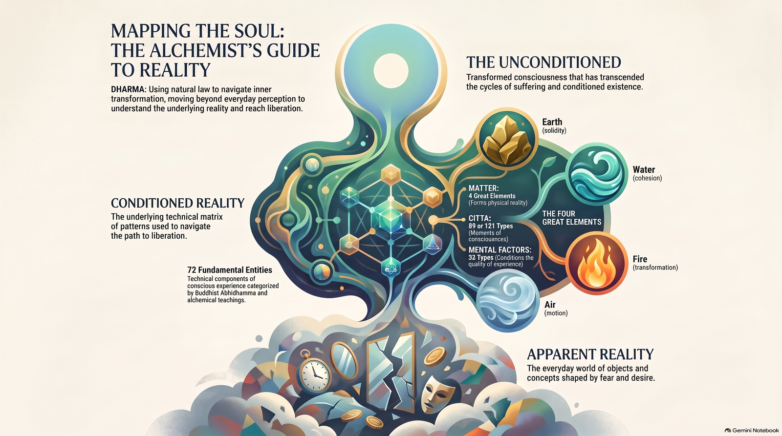 Illustrated course map showing apparent reality, conditioned reality, the four great elements and the unconditioned
