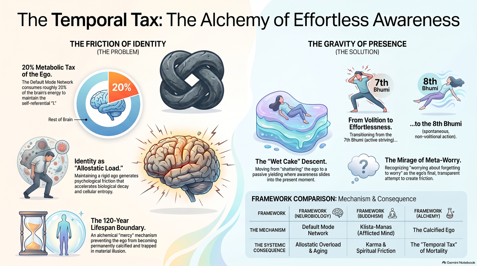 Conceptual infographic contrasting the friction of identity with effortless presence across neuroscience, Buddhism and alchemy