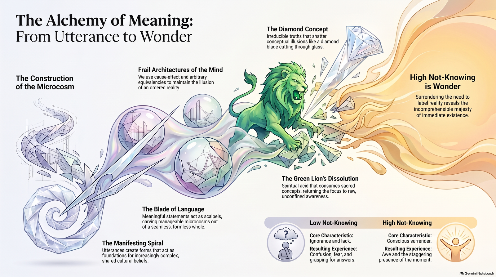 Illustrated companion map titled The Alchemy of Meaning, showing language, fragile conceptual worlds, a diamond, the Green Lion and a movement from deficient to surrendered not-knowing
