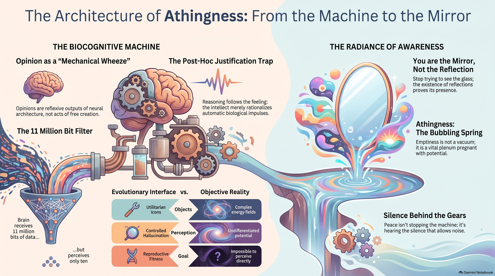 Diagram contrasting the conditioned biocognitive machine with the mirror-like radiance of awareness