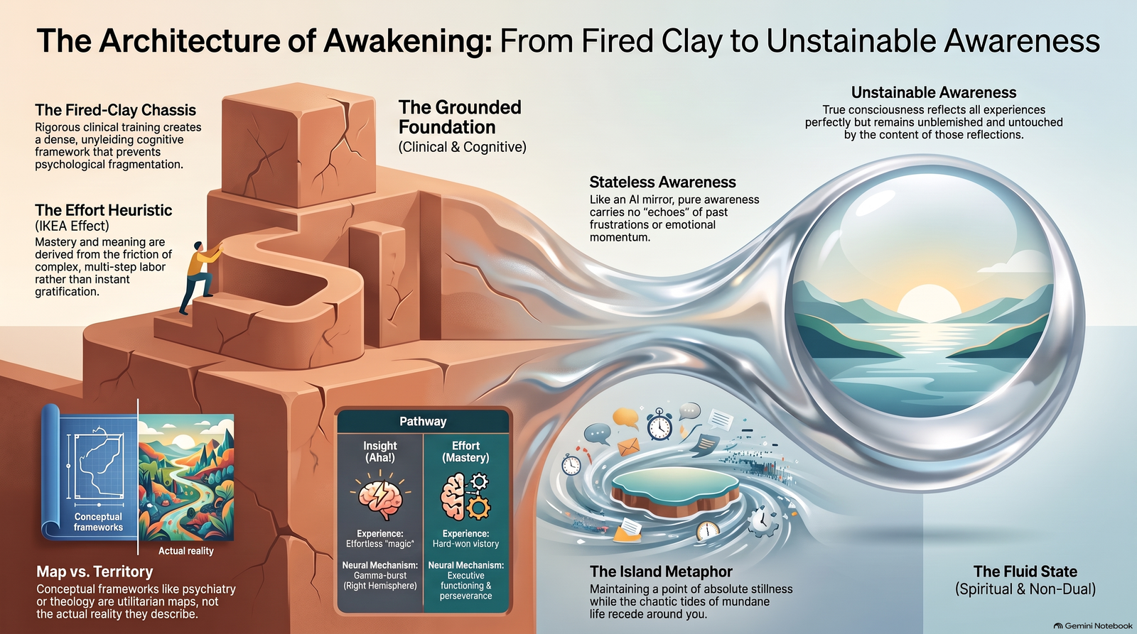 Illustrated architecture of awakening moving from a fired-clay clinical foundation through AI reflection and the island metaphor to fluid, unstainable awareness