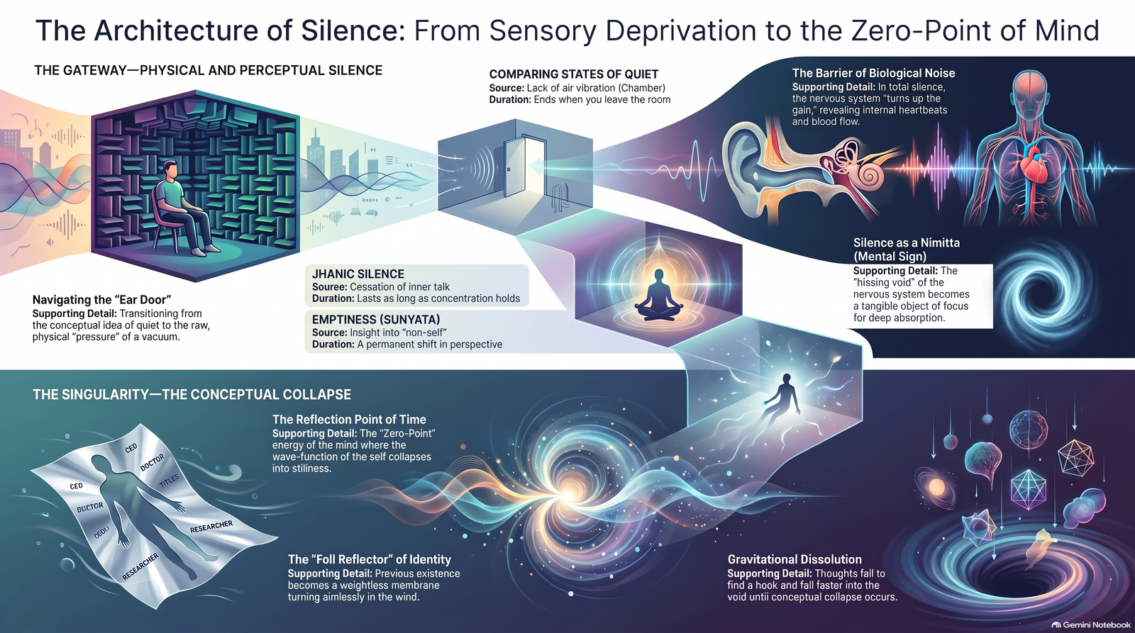 Illustrated map titled The Architecture of Silence, moving from an anechoic chamber and biological sound through meditative quiet to conceptual collapse and identity dissolution.