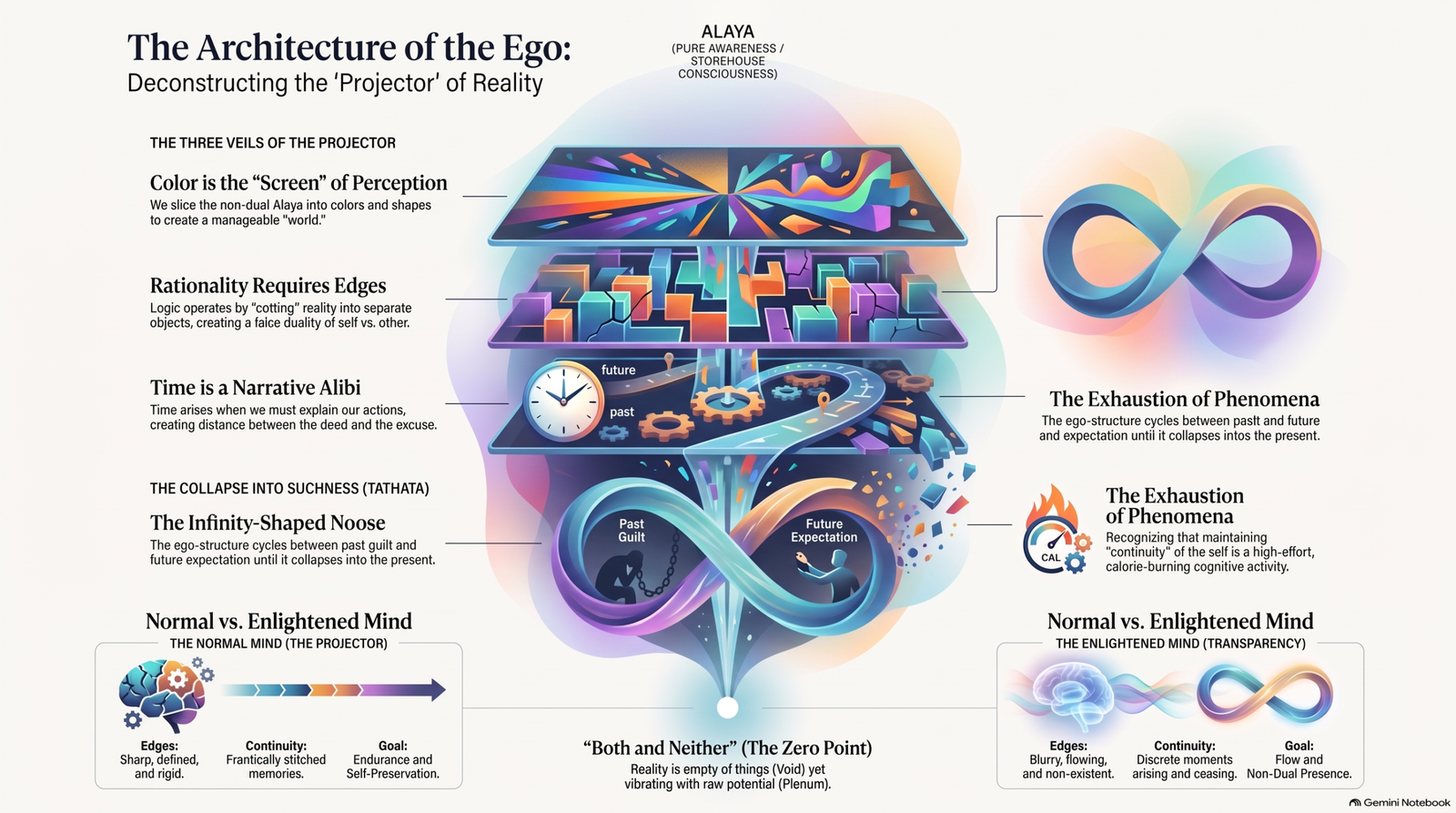 Infographic mapping colour, perceptual edges, narrative time and an infinity-shaped loop as layers in a metaphorical architecture of ego