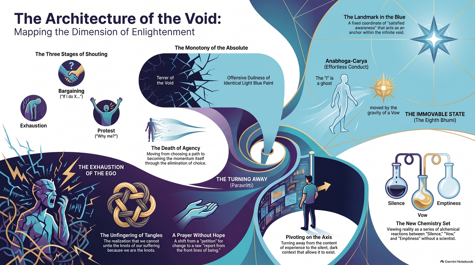 Infographic mapping the episode from spiritual exhaustion and hopeless prayer through turning away, the eighth bhumi, vow, silence and emptiness