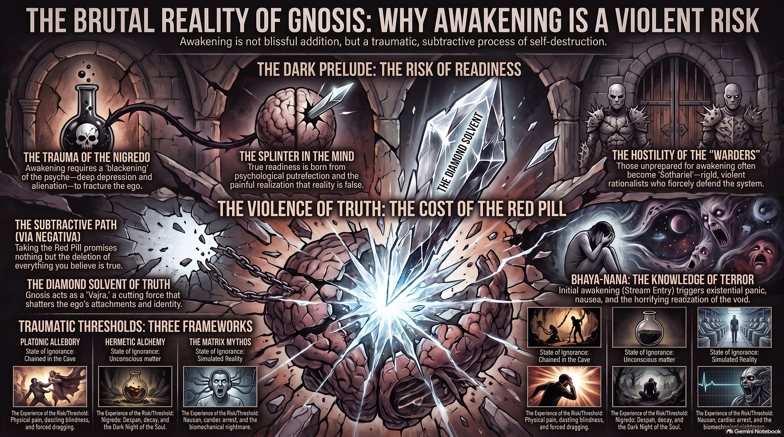 Illustrated map of the episode's interpretation of the red pill, moving from Nigredo and the splinter in the mind through subtraction, the liquid mirror and the terror of awakening