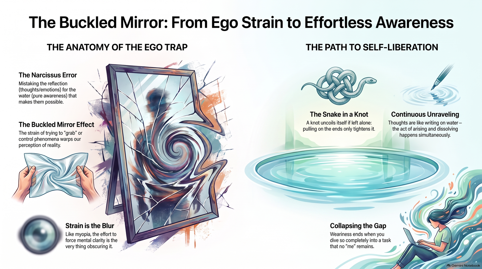 Infographic contrasting the ego trap of a warped mirror and strained vision with a snake untying itself, writing dissolving on water and complete absorption in a task