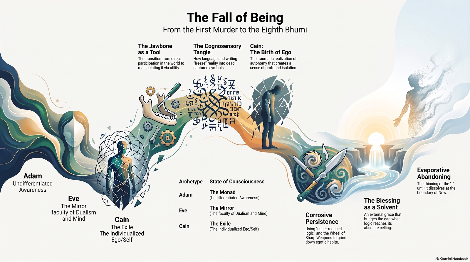 Conceptual infographic tracing the episode from Adam as undifferentiated awareness through Eve, Cain, symbolic language and egoic persistence to the eighth bhumi and the thinning of the I