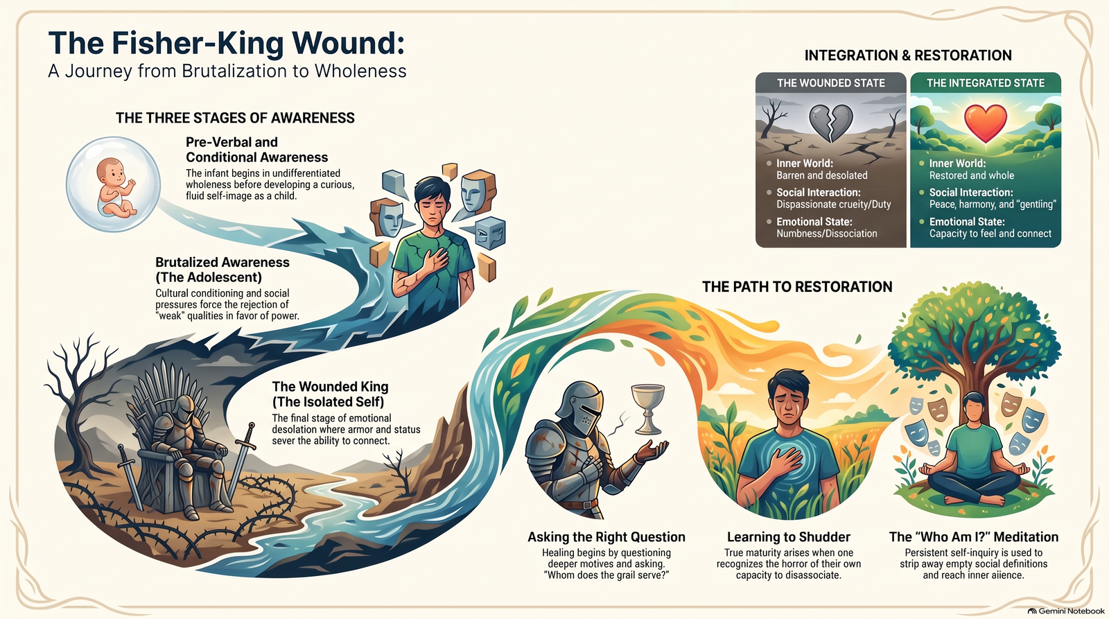 Illustrated map of the Fisher-King Wound, moving from early awareness through emotional armour and the wounded king towards questioning, feeling and integration