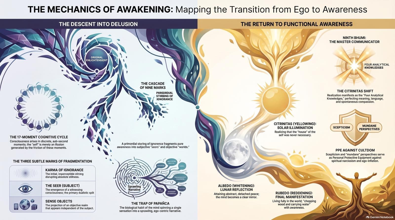 Conceptual infographic contrasting a descent into delusion with a return to functional awareness through Buddhist and alchemical maps