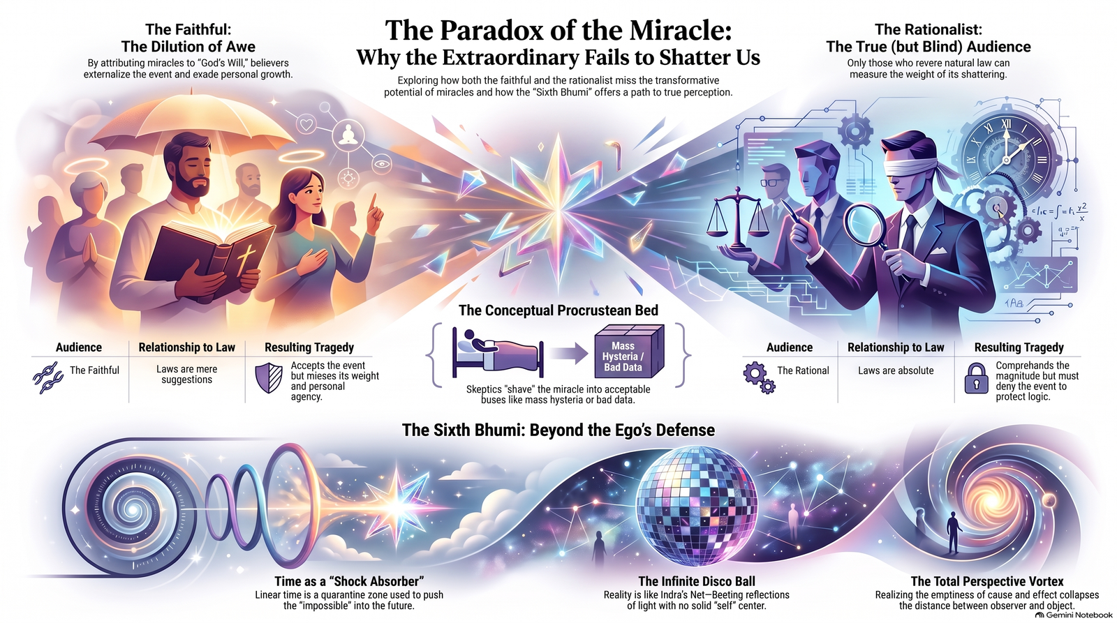 Conceptual infographic contrasting faithful and rational responses to miracles, then tracing time, the sixth bhumi and the infinite disco ball