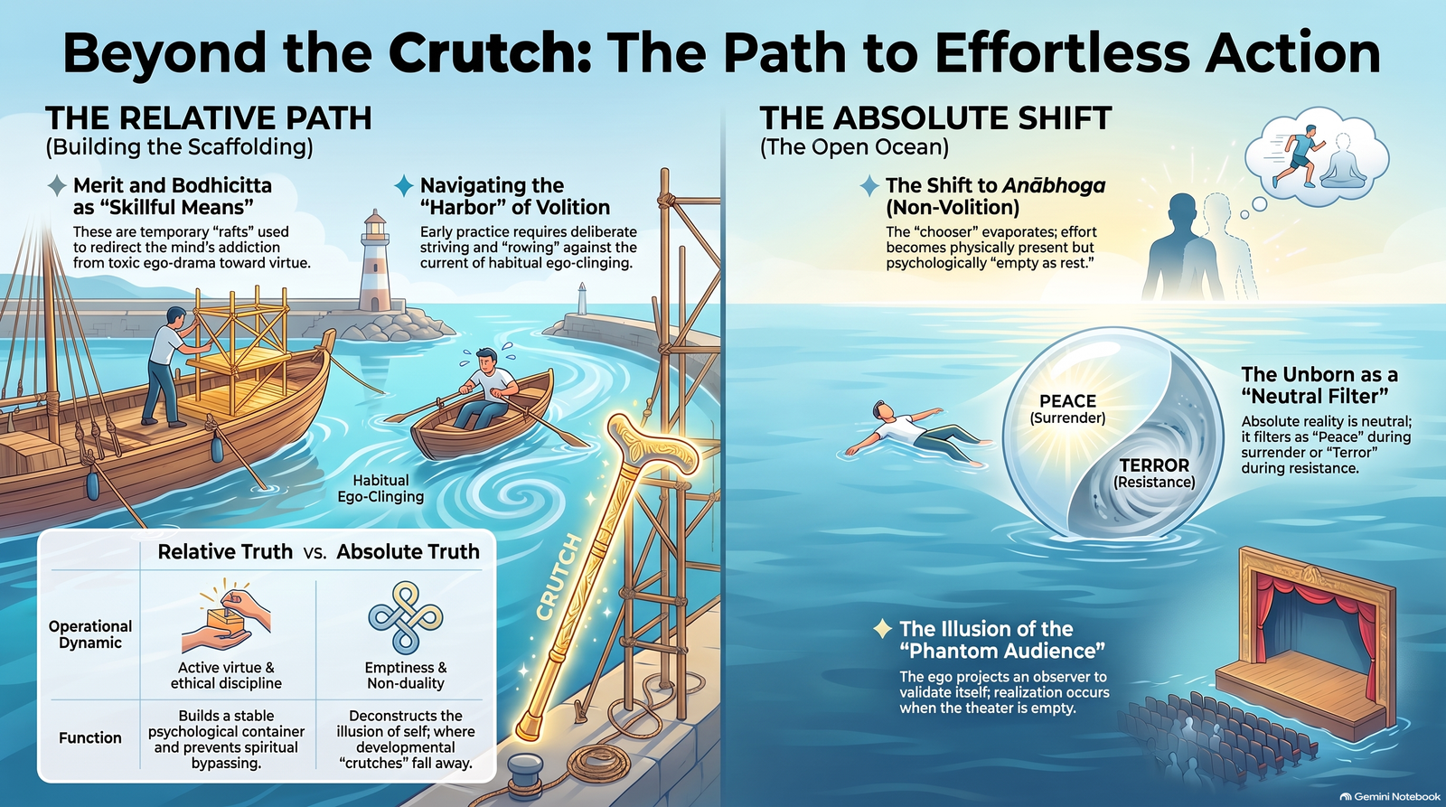 Illustrated map titled Beyond the Crutch, contrasting the relative path of merit, bodhicitta and deliberate effort with the proposed shift to non-volitional action, surrender and the empty theatre
