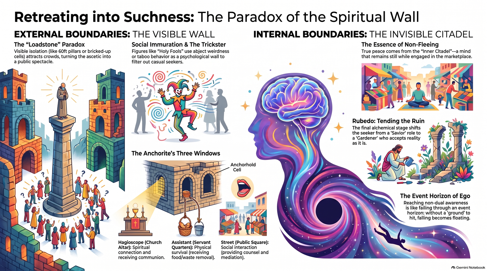 Infographic contrasting external spiritual walls with an internal sanctuary that remains engaged with ordinary life
