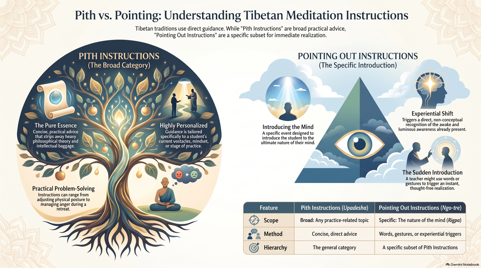 Illustrated comparison of pith instructions as a broad category of practical guidance and pointing-out instructions as a specific introduction to the nature of mind